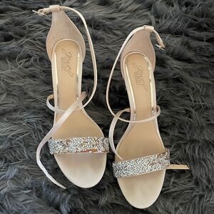 Jewel Badgley Mischka nude crystal strappy heels